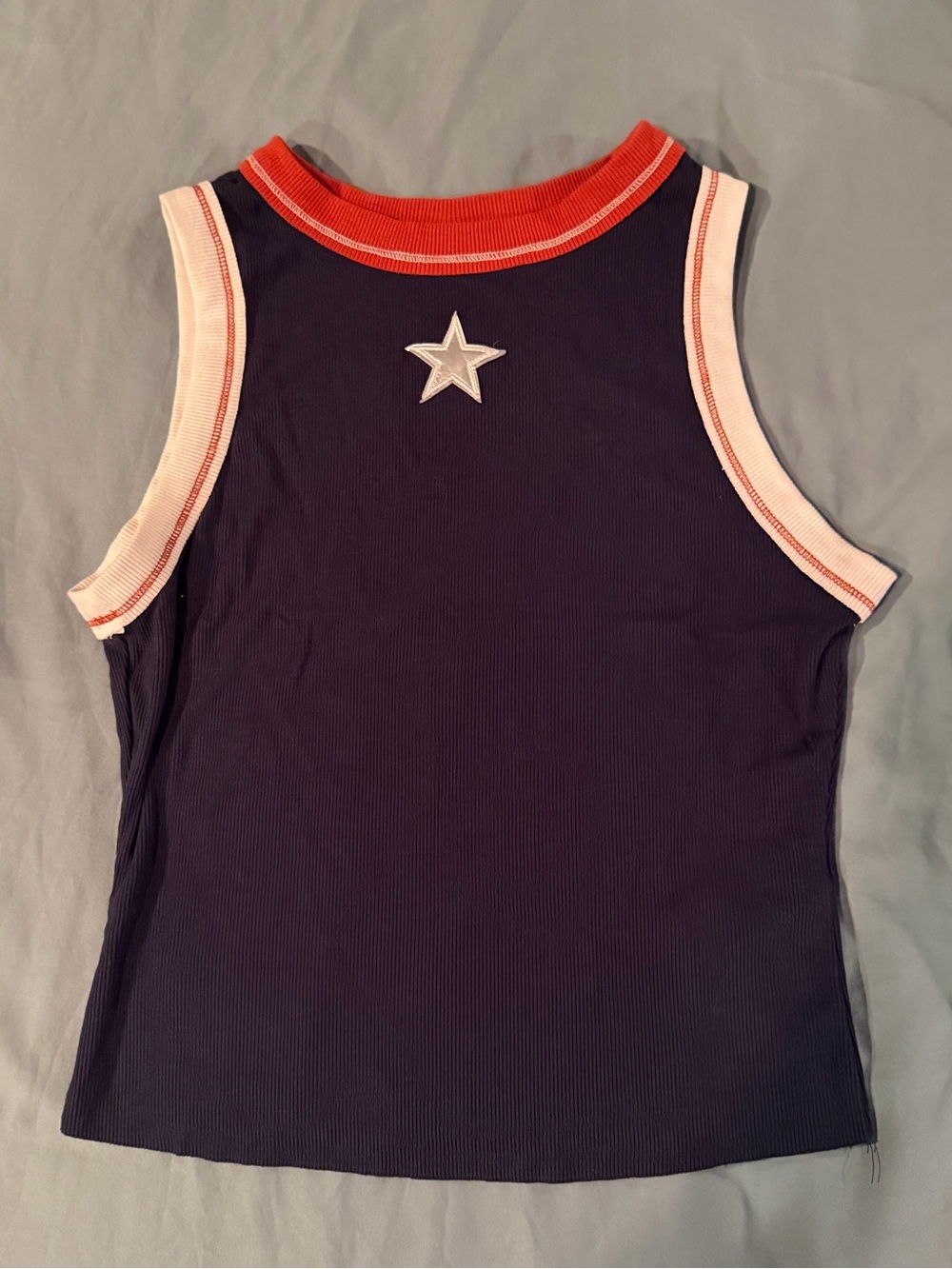 SHEIN Navy Ribbed Tank with Orange Trim and Star Patch